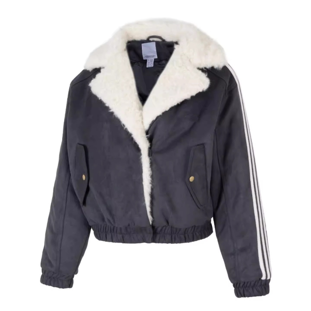 2025 Winter Women's New Year Striped Embroidered Logo Lamb Fleece Warm Sports and Leisure Lapel Cotton Jacket Coat #8438