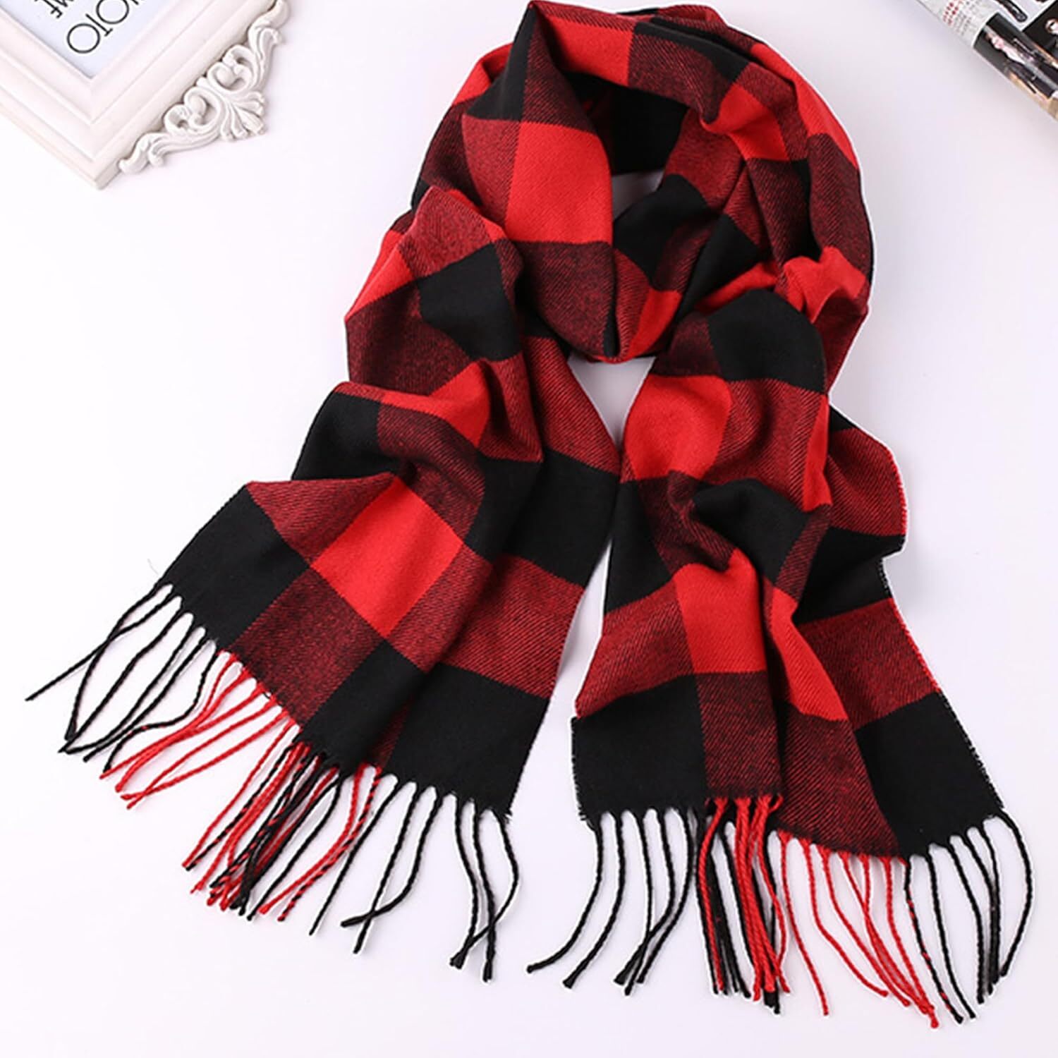 Custom Women Men Tartan Red Check Christmas-Scarf Winter Soft Warm Buffalo Plaid Long Scarves Scottish Lattice Wraps 72x12 in