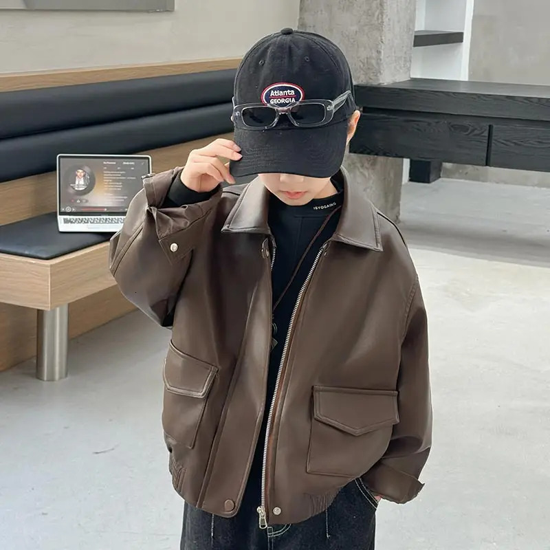 Korean Boys Faux Leather Jacket Kids Stylish Solid Brown Color Artificial PU Coat Child High Fashion Autumn Outfit Age 5 To 14Y 251028