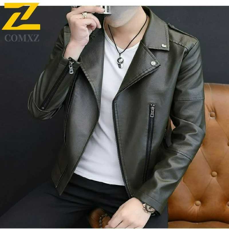 COMXZ Mens PU Leather Jacket New Luxury Elegant Suit Collar Cycling Leather Coat Trendy Slim Windproof Spring Autumn OuterwearT251029