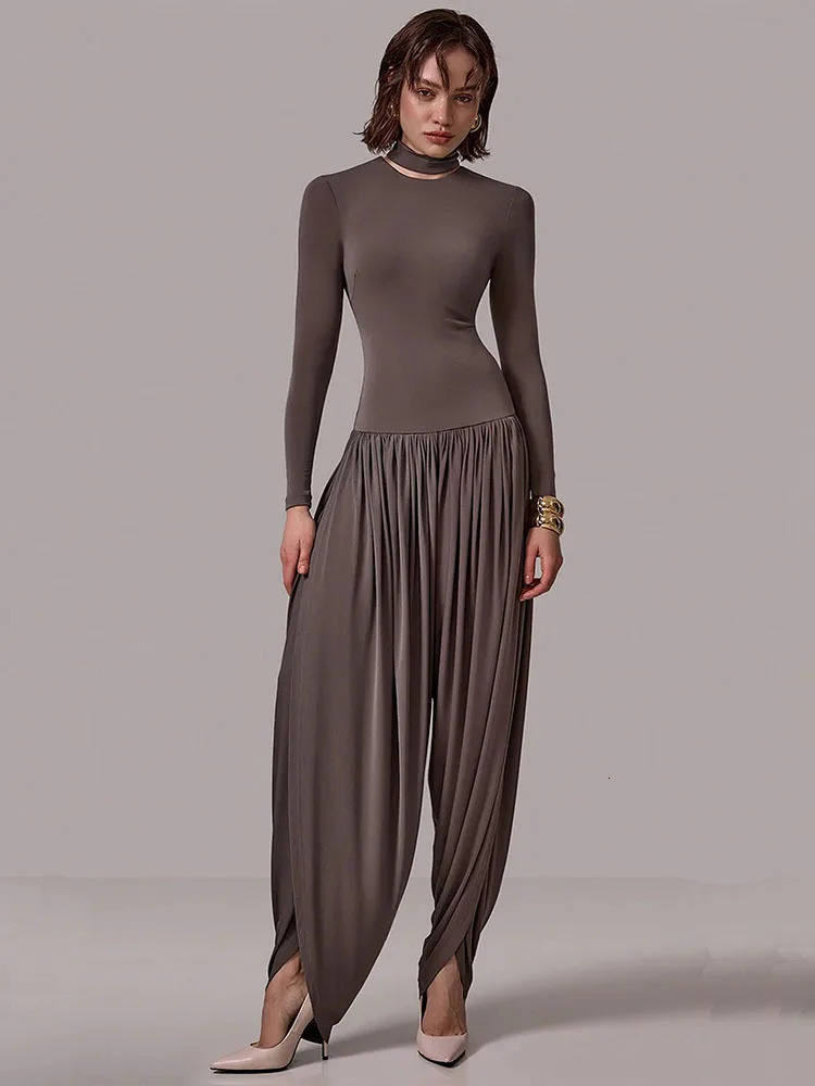 Mozision Long Sleeve Draped Sexy Jumpsuit Women Overalls Autumn Winter Patchwork Solid Turtleneck High Waist Slim Jumpsuis 251027