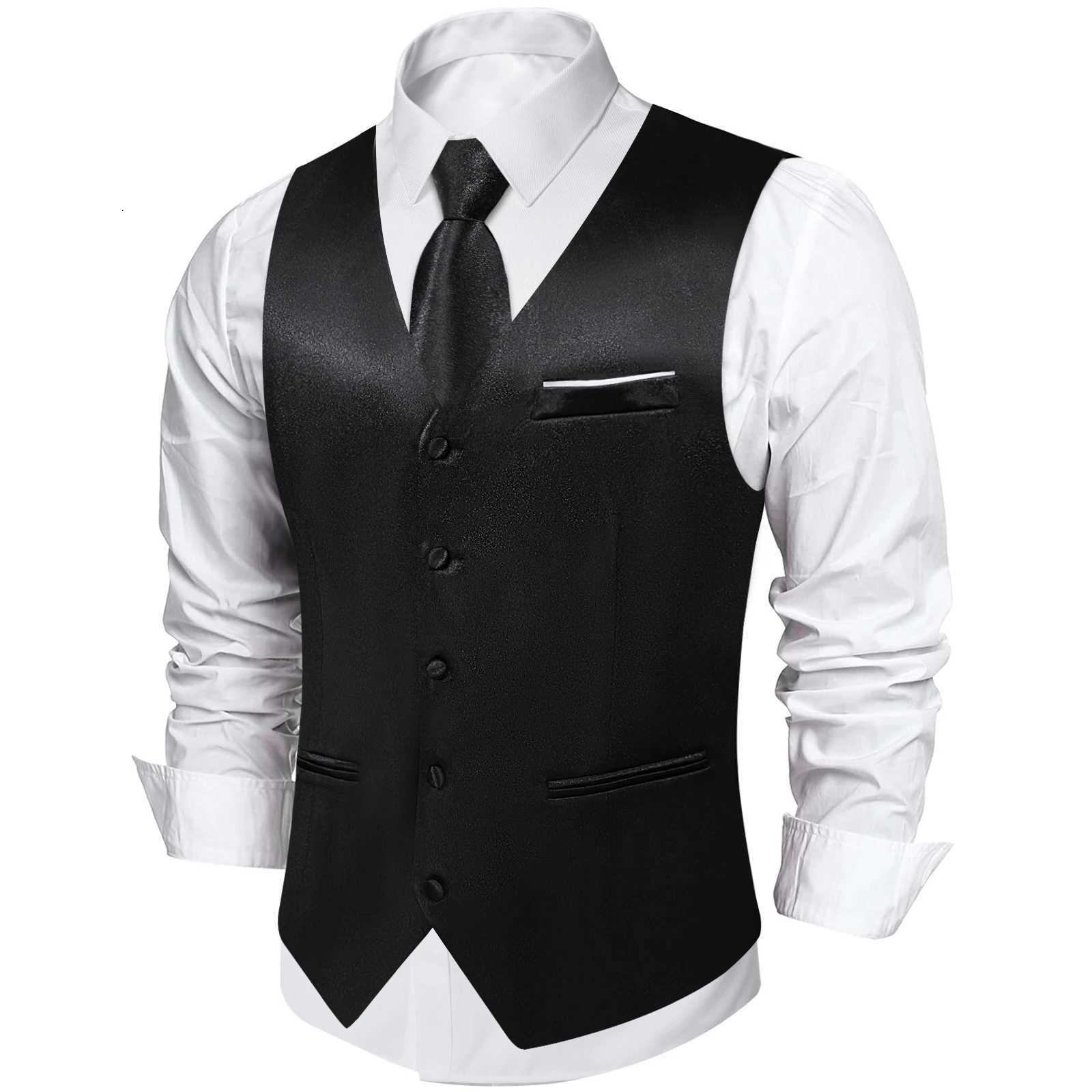 Black Satin Vest with Luxury Necktie Pocket Square Cufflinks for Man Wedding Fashion Classic Mens Business Tuxedo Waistcoats W251029