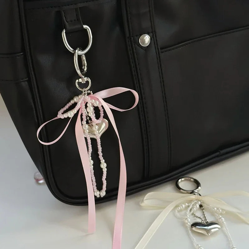 Pearl Bow Key Ring Ribbon Beaded Keychain Korean Style Hanging Accessories Y2k Heart Bag Pendant Decor Accessories 251029