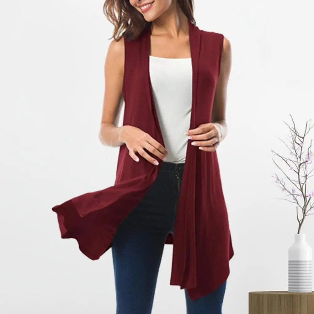 Women Cardigan Vest Solid Color Sleeveless Tank Top Open Front Draped Midlength Hem Waistcoat Lady Coat 251029