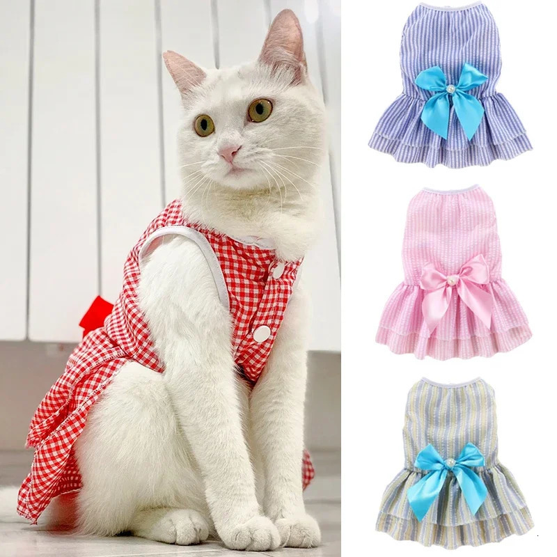 Summer Pet Cat Puppy Princess Dress Pet Clothes Striped Plaid Dresses with Bow Cats Kitten Rabbit Sphynx Clothing Pet Supplies 251029