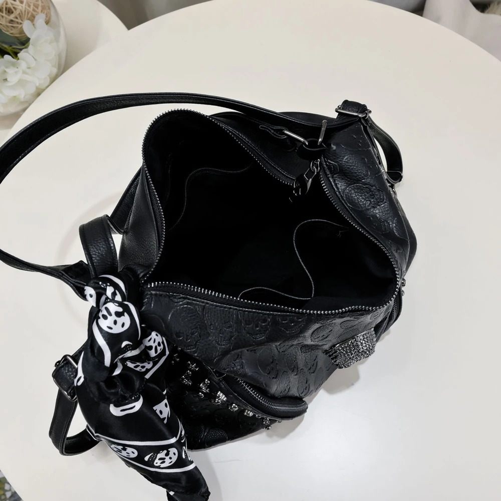 SHELKSBAG Womens Tote Bags Gothic Skull Studded Strap Hobo Handbag Large Capacity Vintage PU Leather Crossbody Shoulder Bag 251029