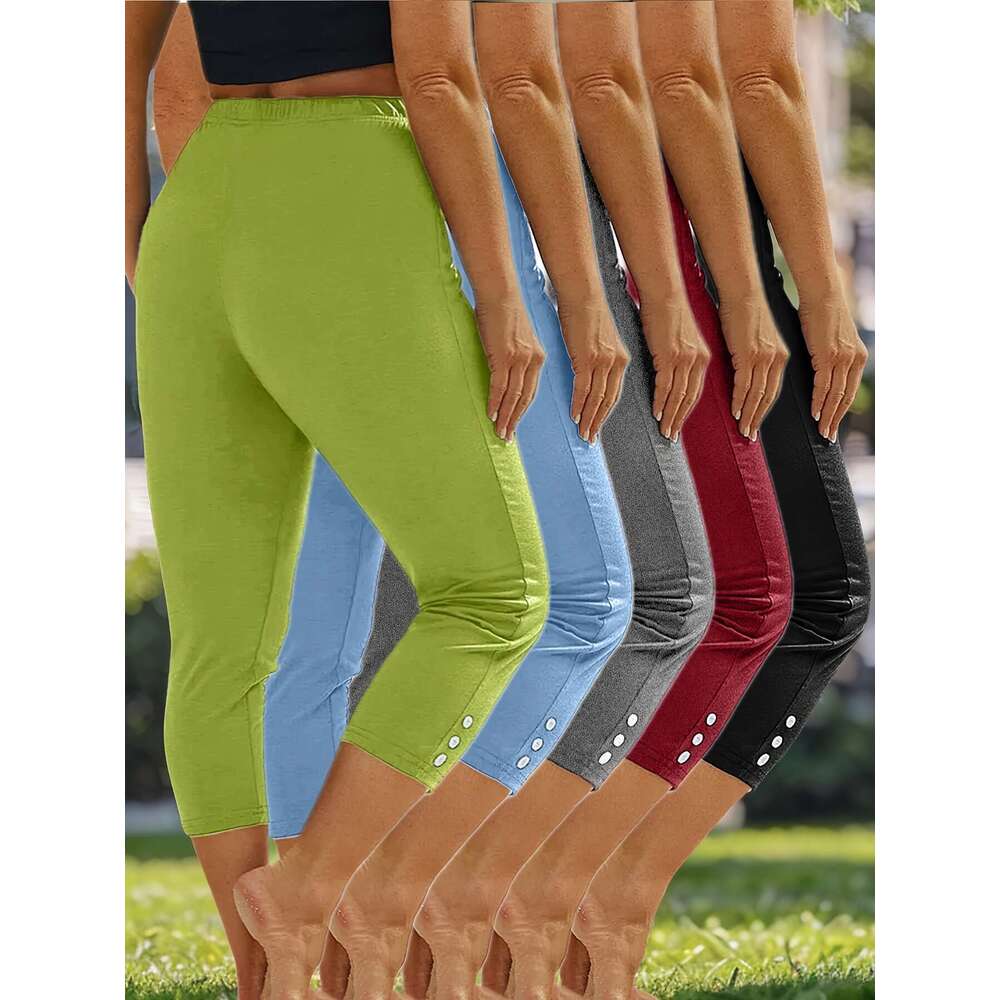 5pcs Plus Size Women's Capri Leggings - High Stretch, Solid Color with Button Detail, Perfect for Yoga & Running