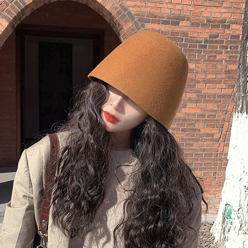 Autumn Winter Woolen Fisherman Hat Women Retro Bellshaped Basin Cap Solid Color Ladies Outdoor Warm Sunscreen Bucket Hats i251029