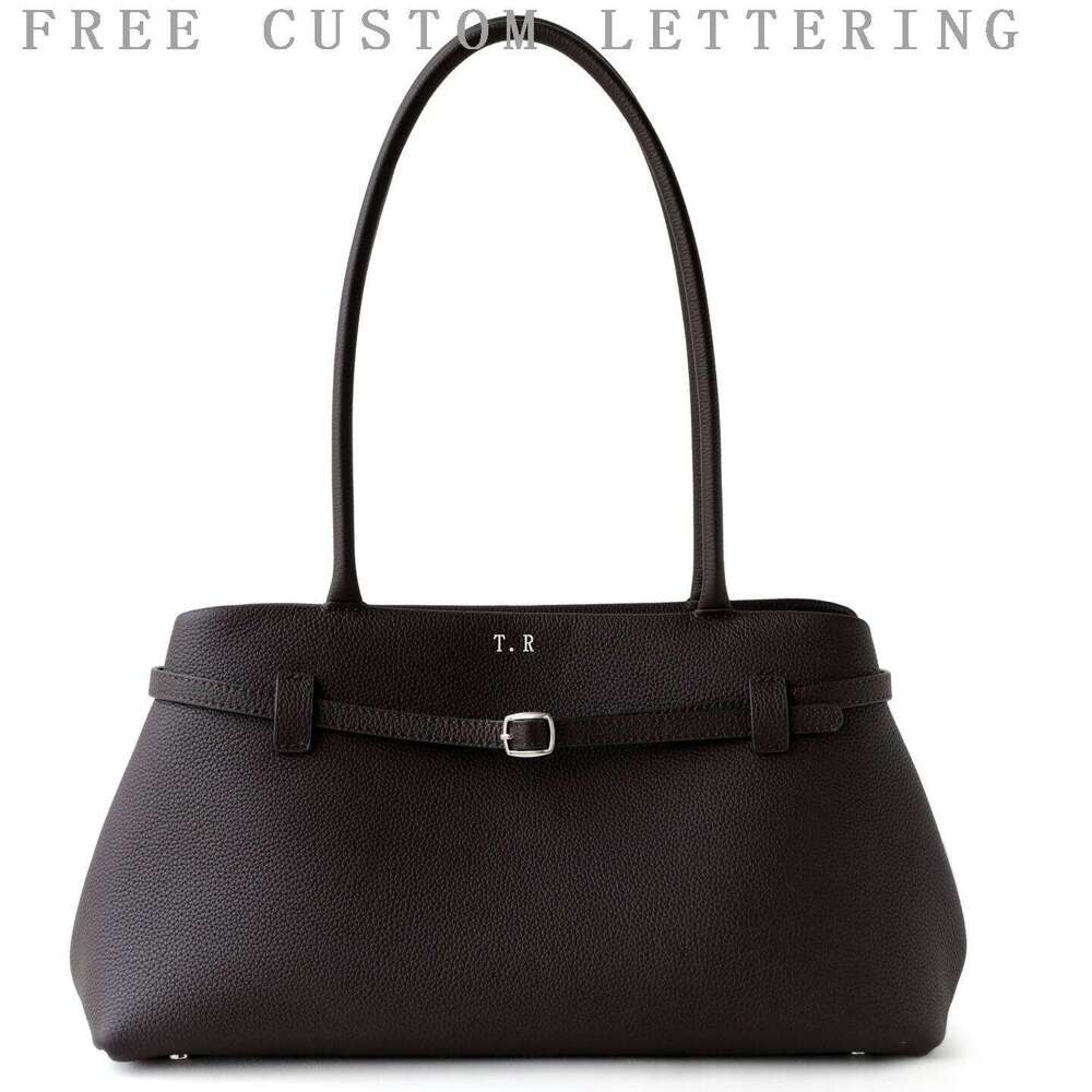 Top Layer Cowhide Lychee Pattern Women's Niche Design Belt Decorative Handbag Simple Large Capacity Single-Shoulder Tote Bag Suotong1029