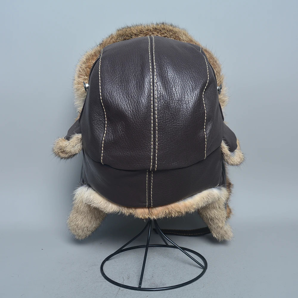 Winter Men 100 Natural Rabbit Fur Bomber Hat Genuine Sheepskin Leather Cap Men Outdoor Windproof Super Warm Rabbit Fur Caps 251029