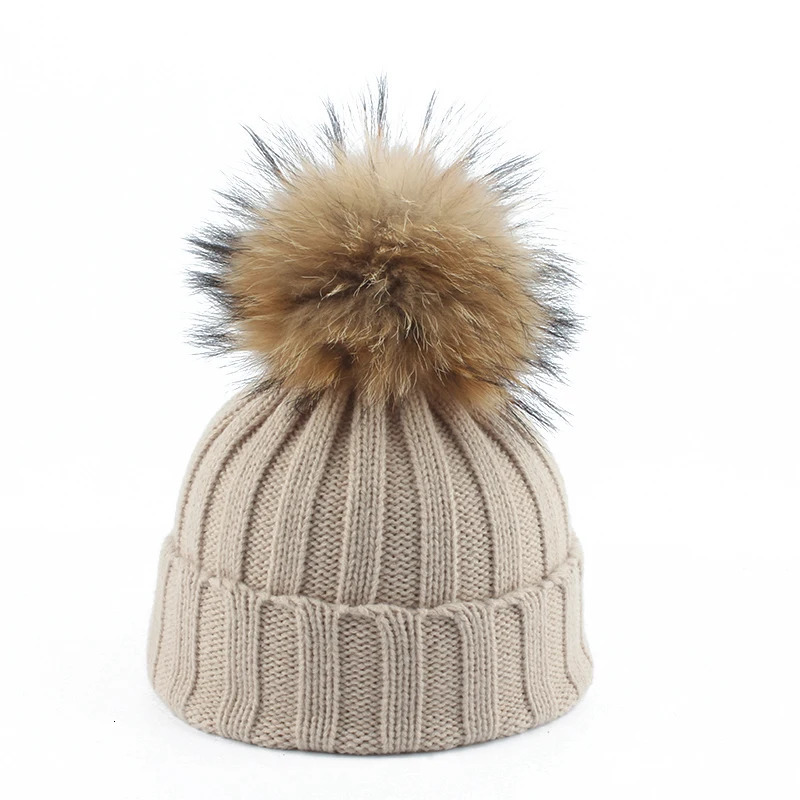 Big Fur Pom pom Beanie Hat Parent Kids Warm Knitted Winter Hats Baby Girls Boys Real Raccoon Fur pompom Beanies Cap 251029