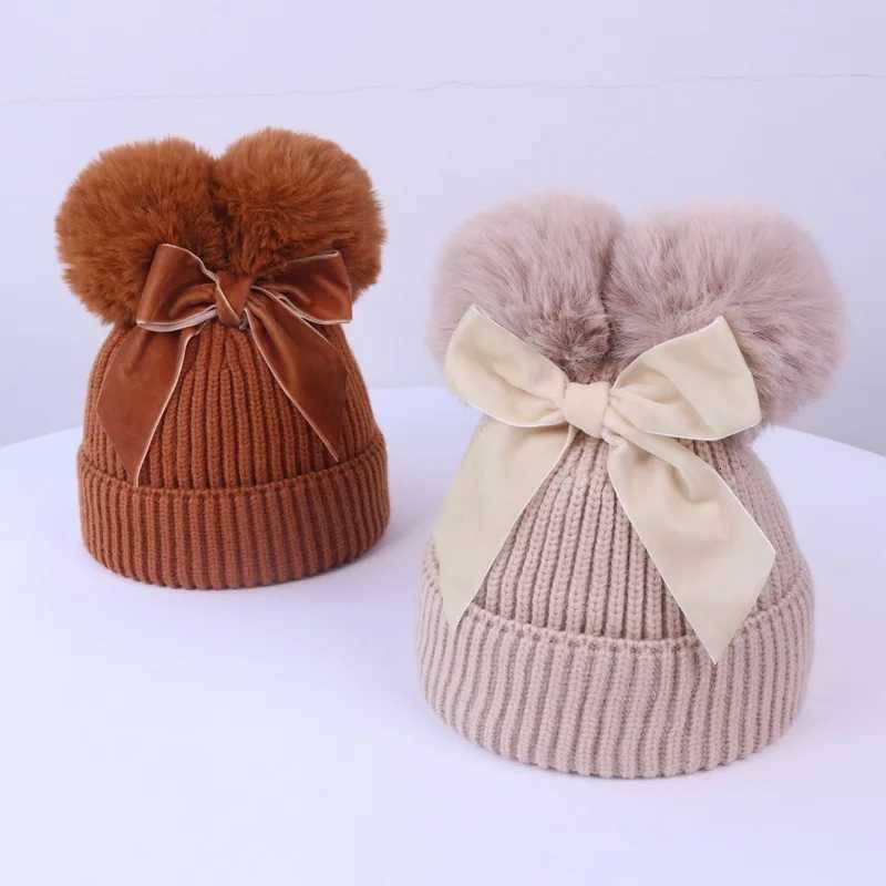 Pompom Baby Winter Hat for Girls Beanie Warm Bow Kids Cap Fur Ball Baby Girl Hat Thicken Snow Children Knitted Hats 636M251028