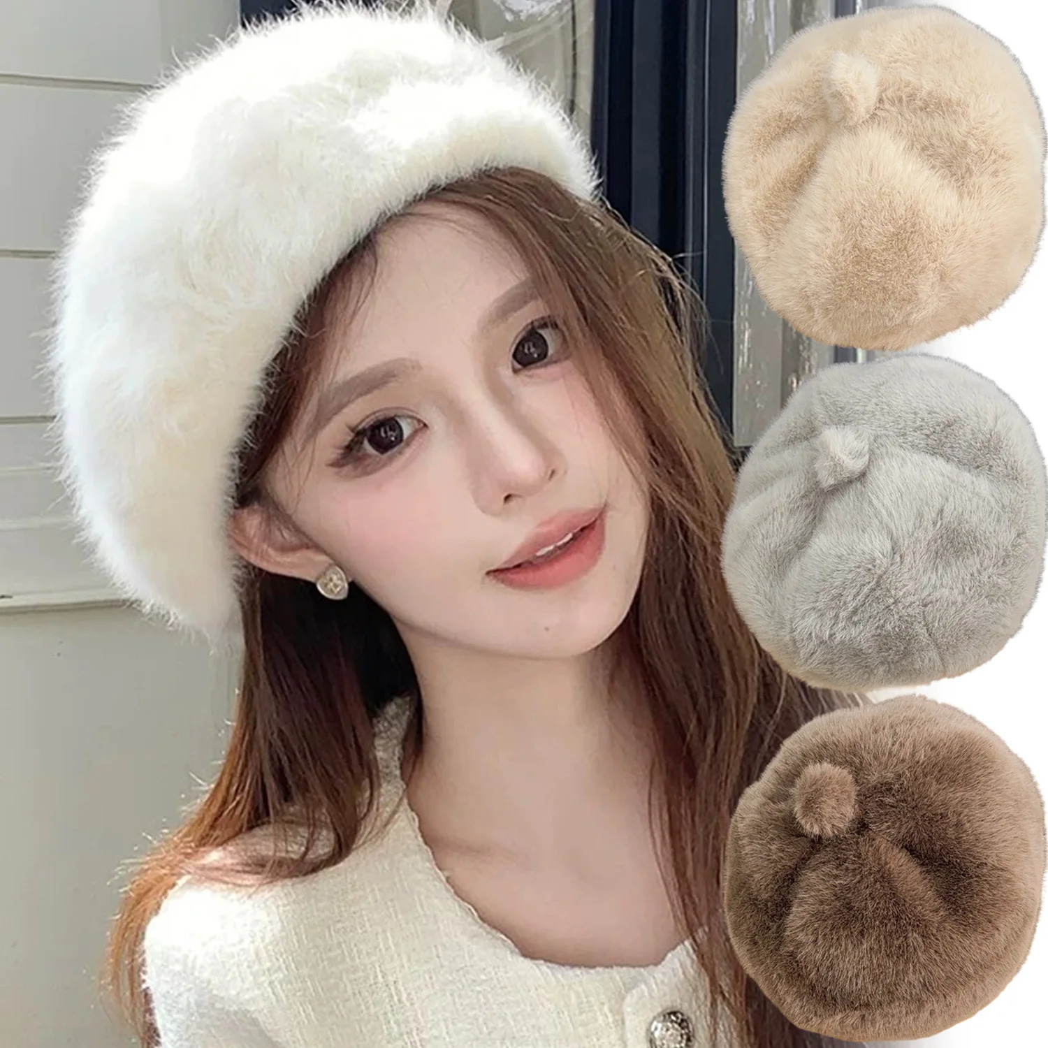 Sweet Faux Rabbit Fur Beret Hat Women Autumn Winter Thicken Keep Warm Furry Flush Artist Flat Cap Solid Color Painter Hats 251029