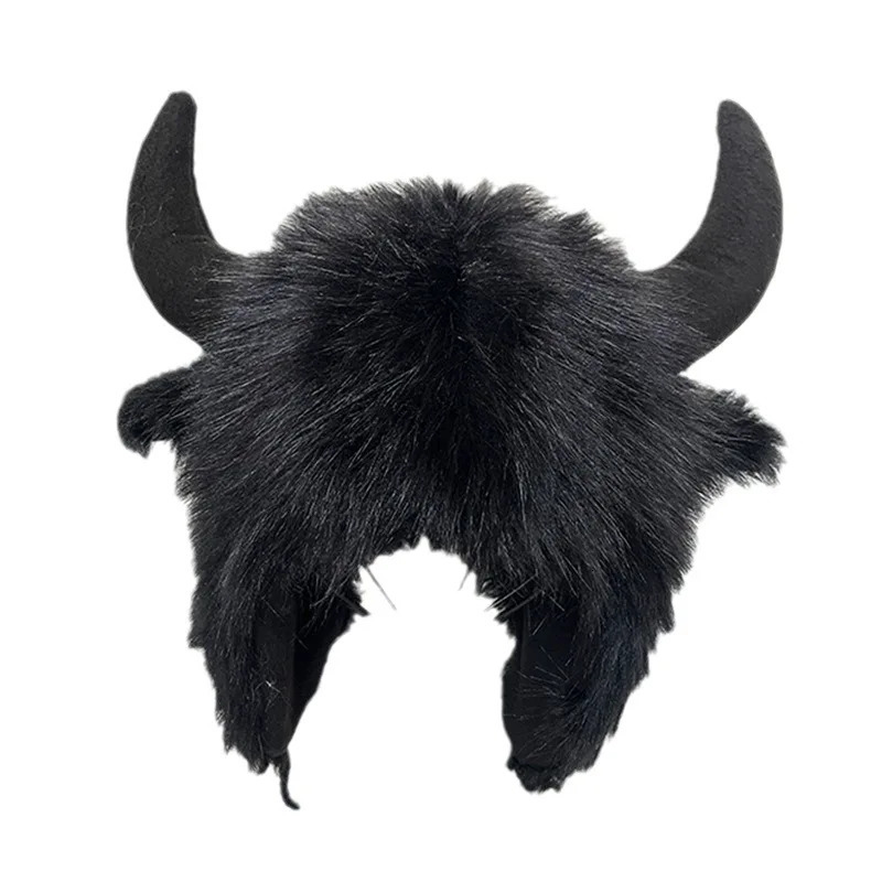 Fox Fur Cow Horn Decoration Cap Winter Warm Ear Protection Wind Snow Women Men Halloween Party Cosplay Hat 251029