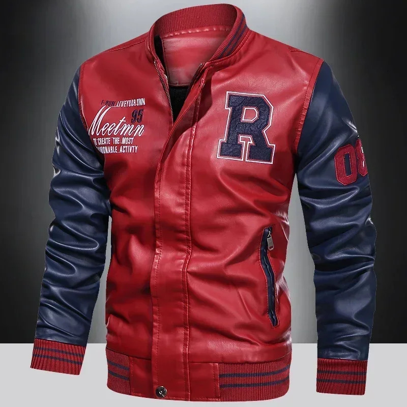 Mens American Baseball Collar Pilot Casual PU Spring and Autumn Leather Jacket Motorcycle Suit Color Blocking 251028