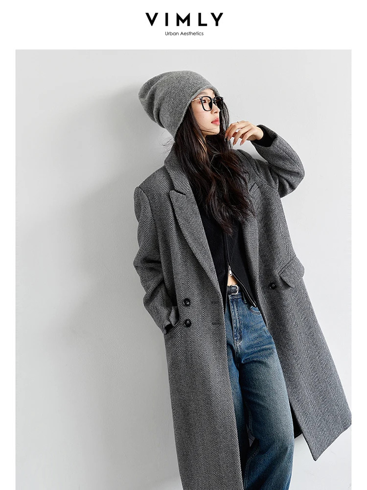VIMLY Women Elegant Wool Blend Long Blazer Coat FallWinter Thick Warm Simple Double Breasted Overcoat Office Lady Outerwears 251028