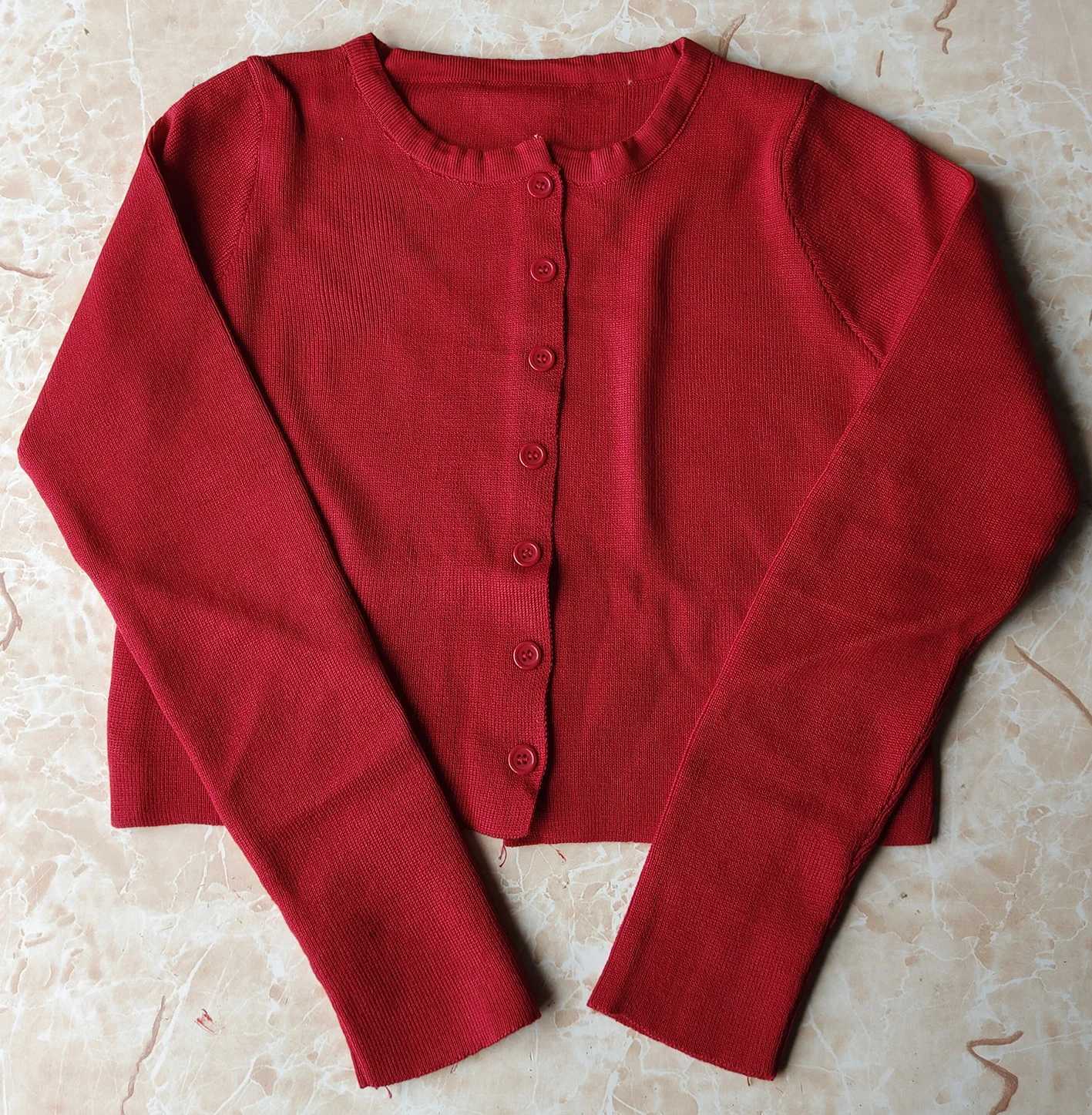 Woman Sweaters Cardigan Red Vneck Knitted Cardigan Womens Spring SlimFitting Style Short JacketT251028