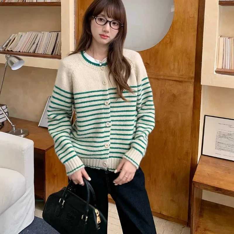 Women Clothes Spring Autumn Fashion Korean Button Striped Color Blocking Knitting Female Appear Thin Loose Cardigan Sweater CoatT251028