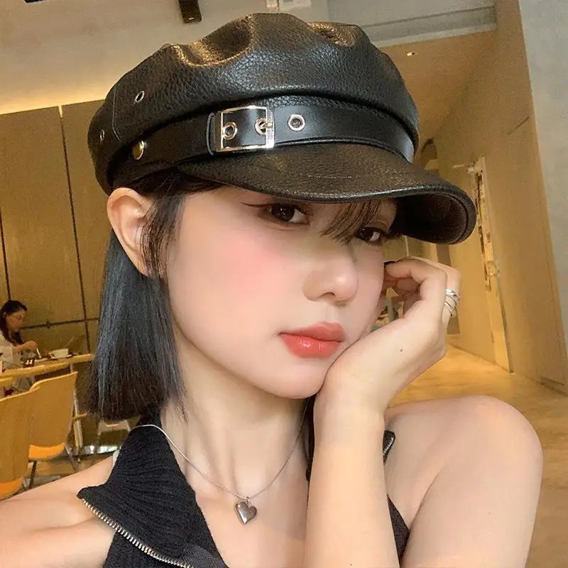 Fashion Women Berets Black Pu Leather Flat Top sboy Caps Vintage Sunscreen England Flat Y2k Gils Punk Style Beret Caps 251029