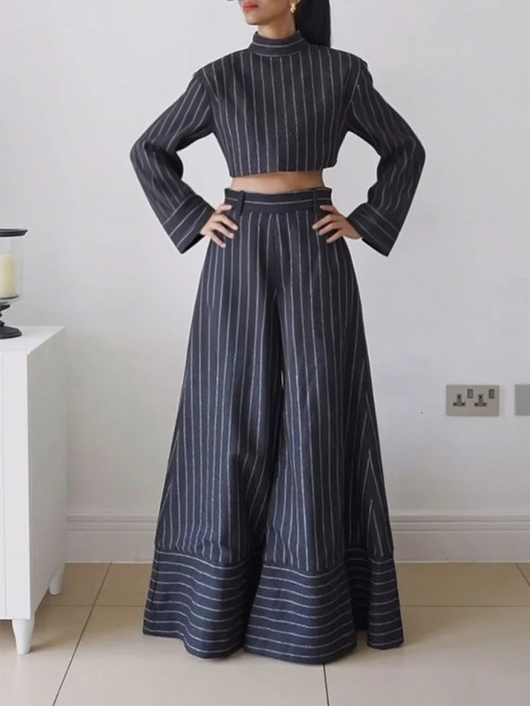 Gymystars Fall Women Striped Pants Sets Fashion Long Sleeves High Neck Blouses Loose Wide Leg Trousers Female Overalls 251028