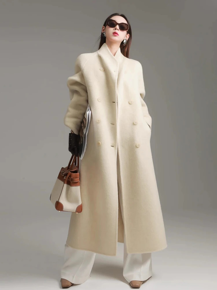 Womens Stand Collar Double Breasted Wool Coat Long Jacket Elegant Fashion Autumn Winter 251029