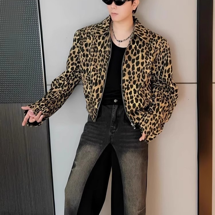 American Style Leopard Print Jacket For Men Spring And Autumn, High-end Feel Cool Short Jacket Trendy Brand Designer Jacket High Street Vibe Style Jac