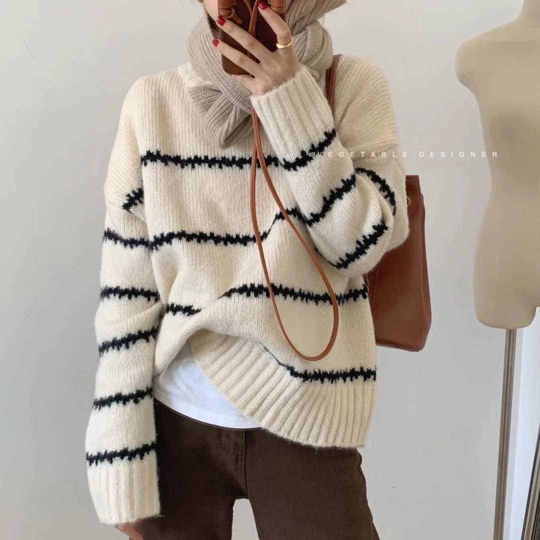 Women Knitted Sweater Pullovers Basics Long Sleeve ONeck Striped Knit Sweater Casual Pullover Women Tops Sweaters J251029
