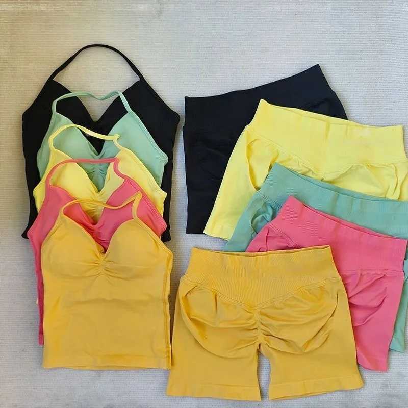 2Pcs Set Yoga Strappy VestShorts Women Resistance Training Seamless Padded Halter Tank Top Scrunch Butt Lifting Gym Shorts SetXJ251029
