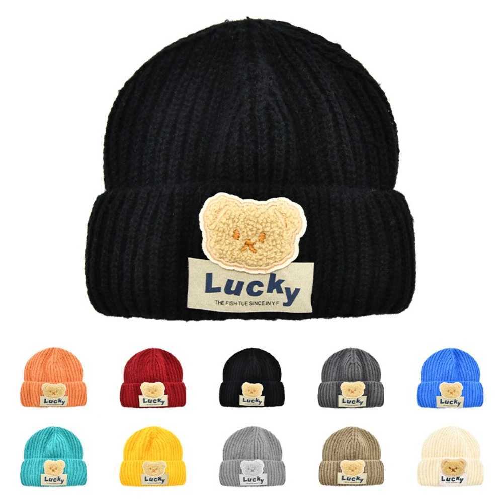 Baby Cartoon Hat Kids Lucky Bear Knitted Hat Soft Thick Solid Color Winter Hat Student Winter Hat with Earmuffs Childrens Gifts251028