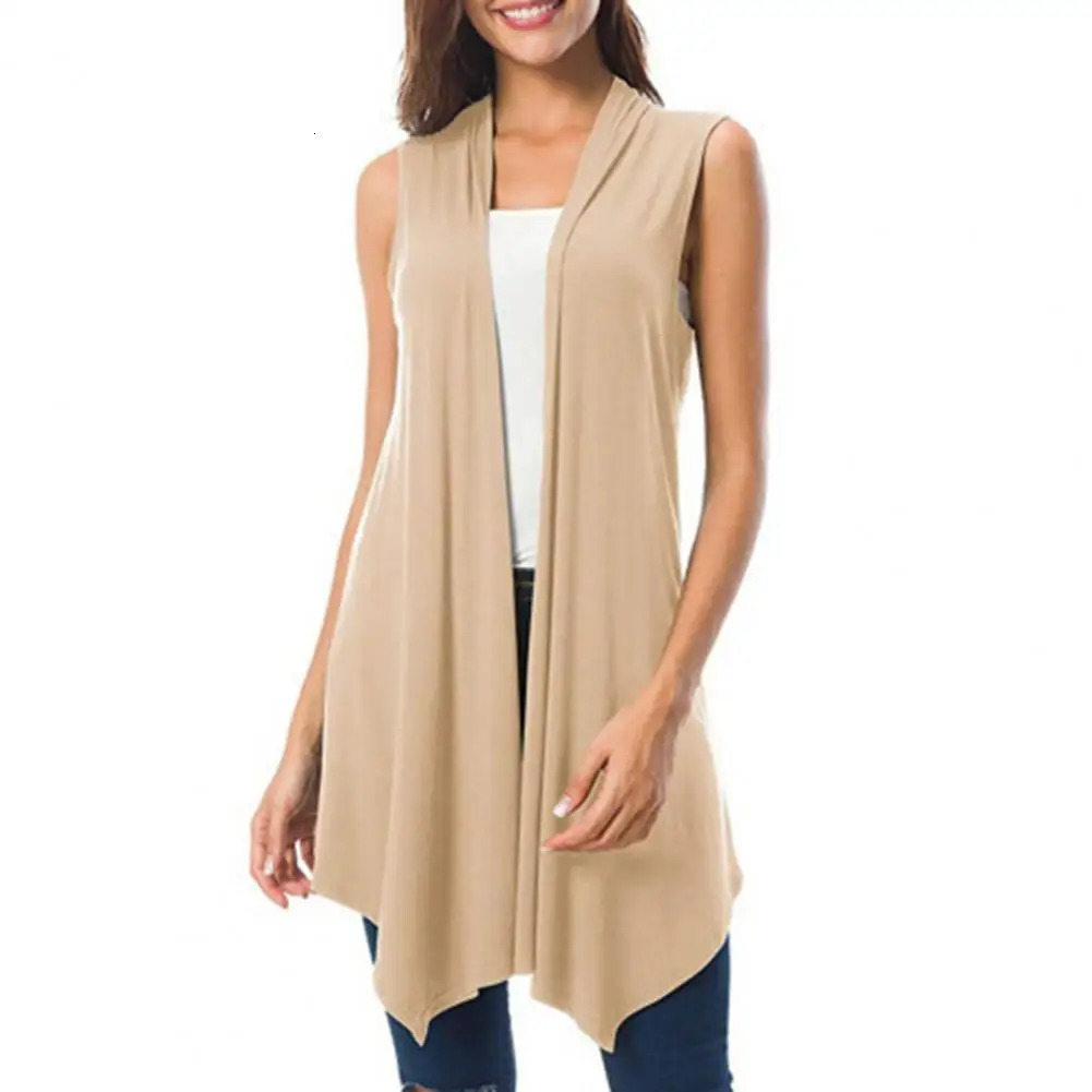 Women Cardigan Vest Solid Color Sleeveless Tank Top Open Front Draped Midlength Hem Waistcoat Lady Coat 251029