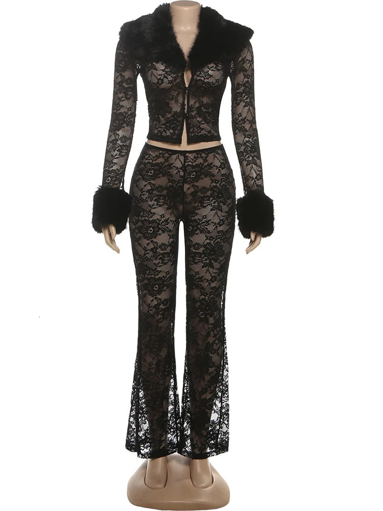 Cute Sexy Patchwork Women 2 Piece Set Jacquard Fur SingleButton JacketFlare Pants Matching Midnight Party Clubwear Suits 251029