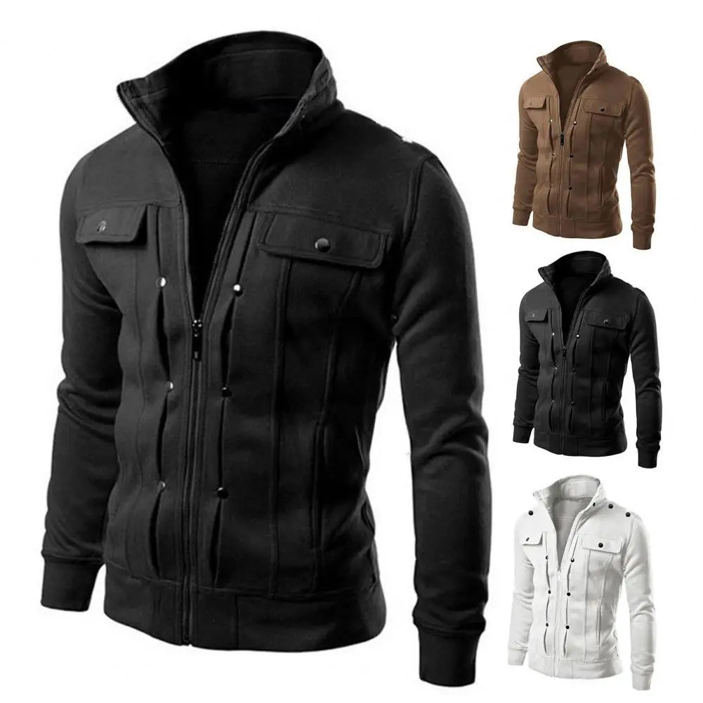 Fashionable Men Outerwear Mens Solid Color Stand Collar Jacket with Buttons Zipper Closure for Spring Autumn Long for Men 251029