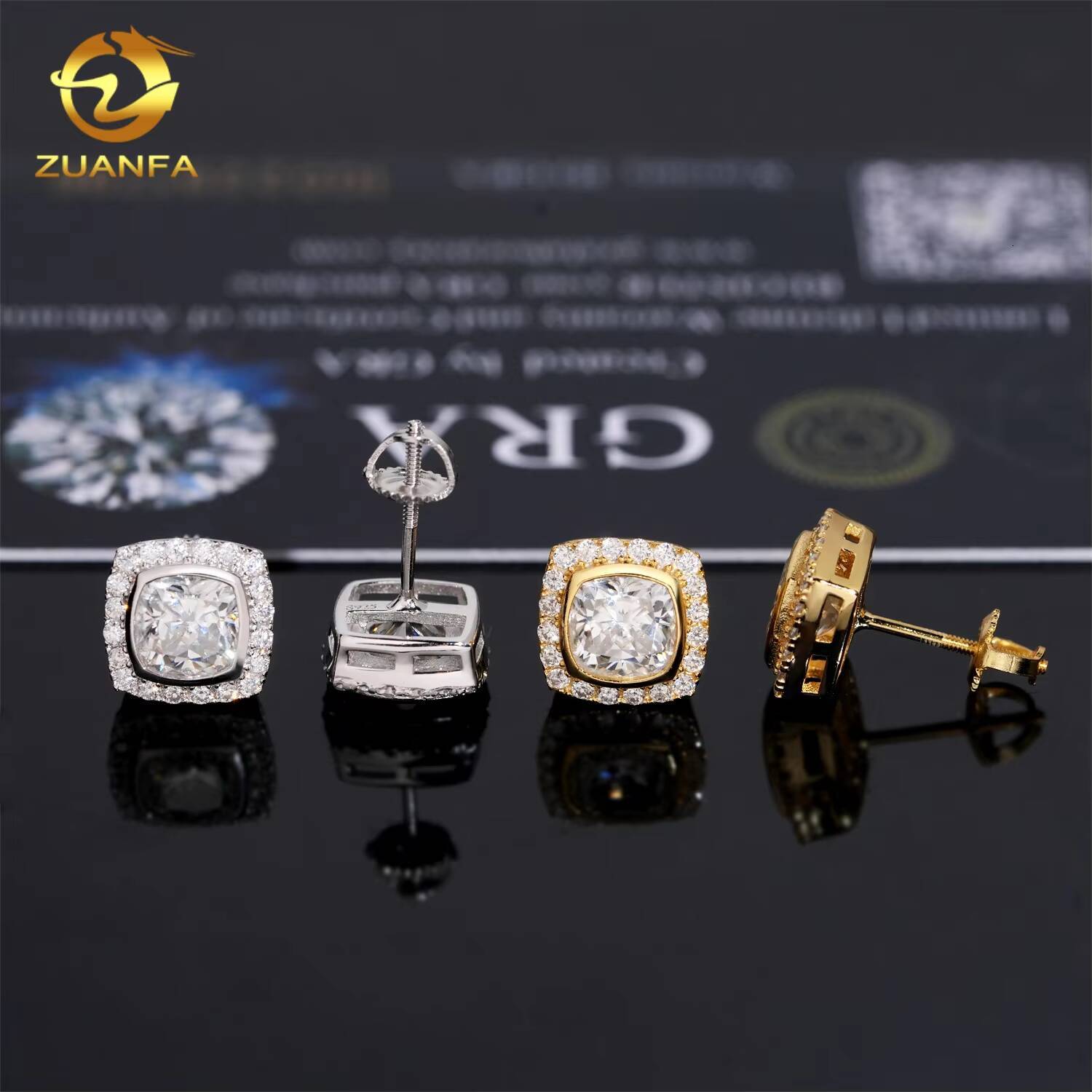 Wholesale D VVS Moissanite Earrings Screw Back Cubshion Cut 66mm Halo Stud Earrings 925 Silver Hip Hop Earring