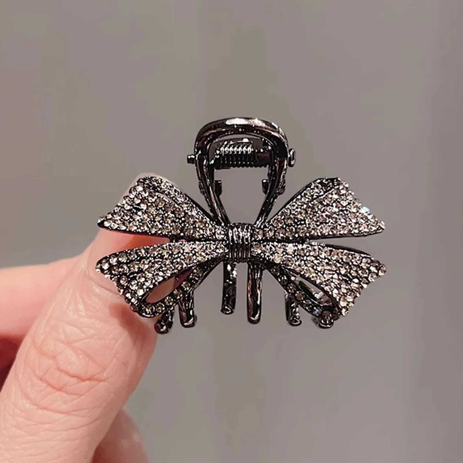 Black Bowknot Hair Claw Clip Sparkly Rhinestone Mini Simple Hairpin for Women Girls Elegant Snap Clip for Bangs Hair HolderW251028