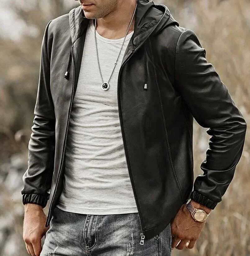 Casual Motorcycle PU Jacket Mens Autumn Fashion Leather Jackets Male Slim Hooded OutwearT251029
