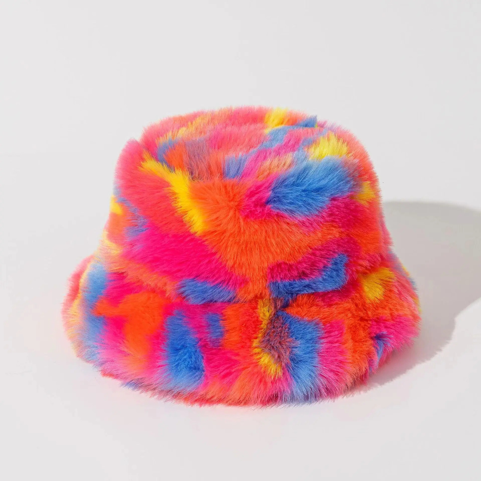 rainbow flat roof Fashion Autumn Winter Leopard Fur Bucket Hat ball Plush Fisherman Soft Warm Thick Basin Hats 251013