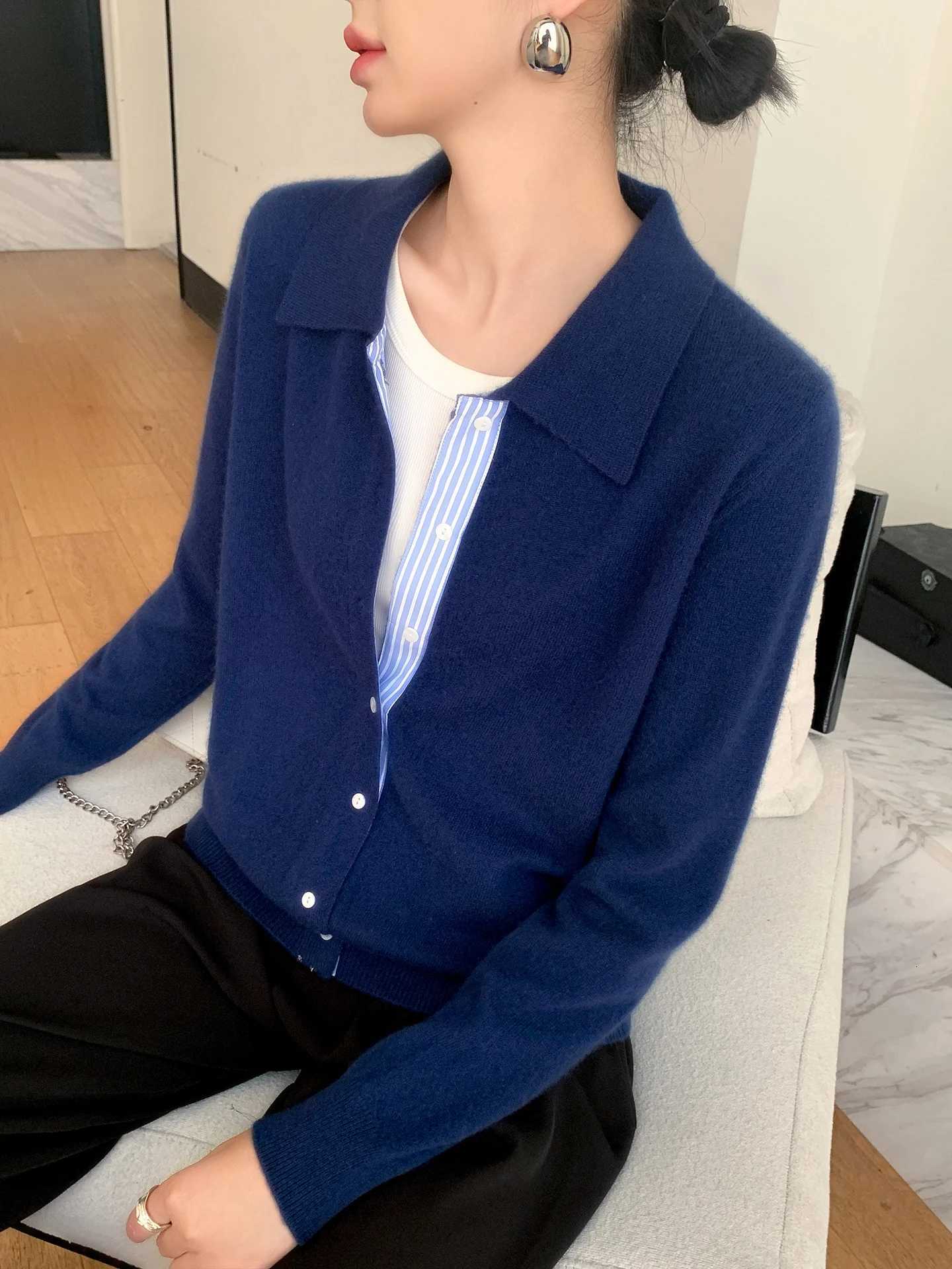 Women Cardigans Single Breasted Polo Collar Fake Two Pieces Long Sleeves Autumn Winter Fashion Korean Knitted Pullovers JumperT251028