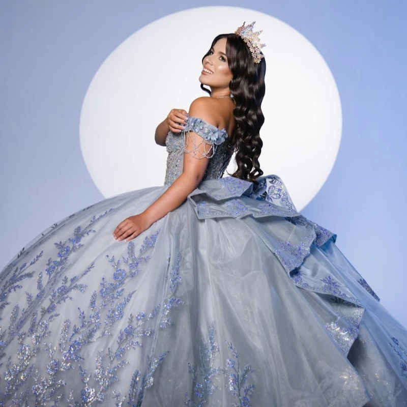 Light Gray Shiny Ball Gown Quinceanera Dresses Off The Shoulder Sequin Applique Lace Bow Tull Beads Party Birthday Sweet 16 Dress