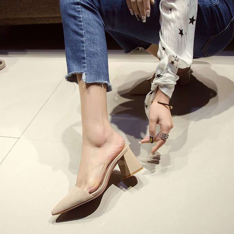 Designer Shoe Autumn Internet Celebrity Transparent Pointed Chunky Heel High Heels Ins Closed Toe Half Slippers Lazy Shoes Women