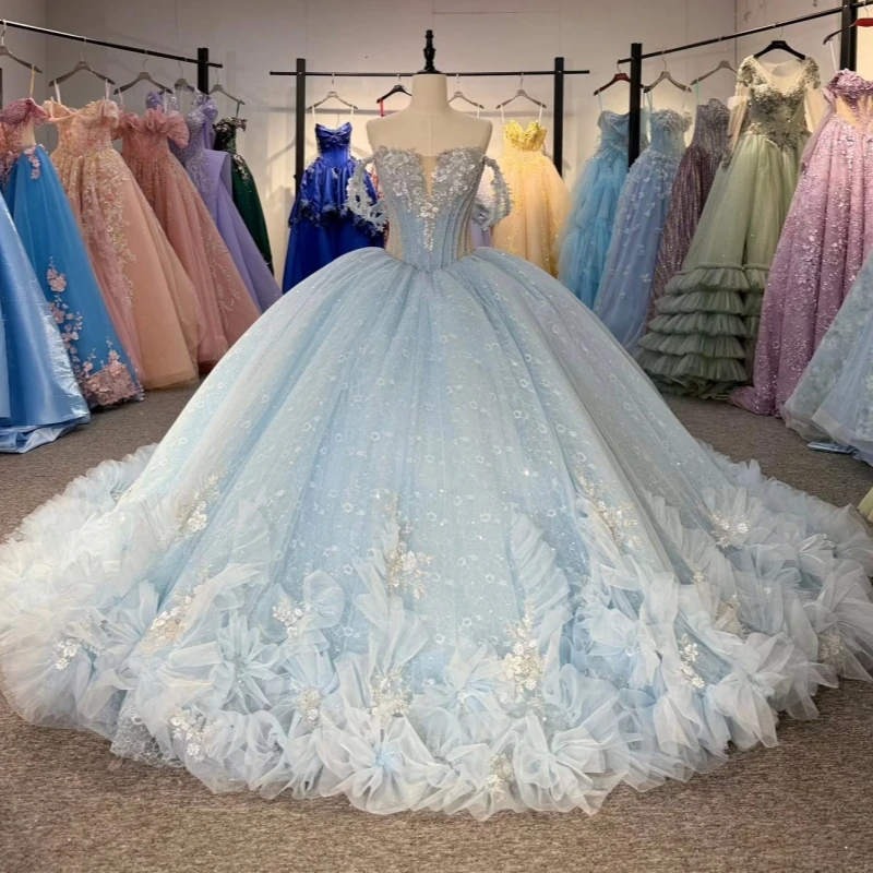 Light Blue Ball Gown Quinceanera Dresses Off The Shoulder Sequin Applique Lace Beading Tiered Tull Party Birthday Sweet 16 Dress Vestidos 15 anos