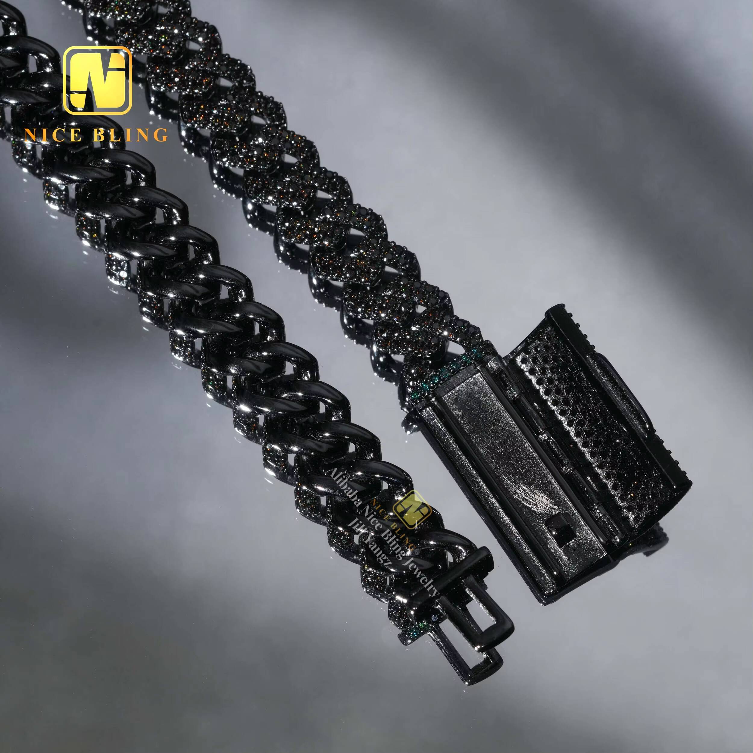 Trending Products 2025 Black Moissanite Cuban Chain 10mm 925 Silver Necklace Iced Out Cuban Link Chain Black Rhodium Plated