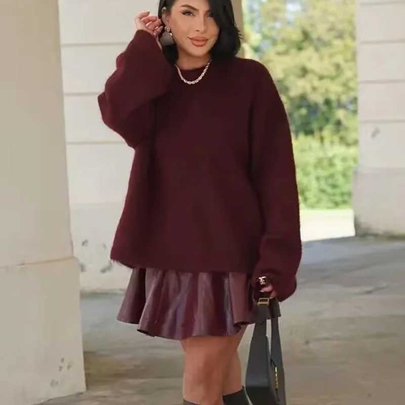 HXAO Faux Wool Knitted Sweater Women Autumn Winter Long Sleeve Oversize Sweater Woman Round Neck Burgundy Sweater Jerseys J251029