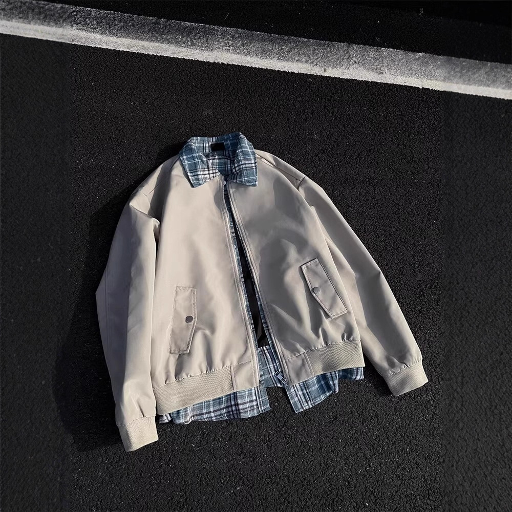 Unique Plaid Designer Jacket Turn-down Collar Fake Two-piece Jacket Unisex American Street Style Loose Casual Couple Coat Trendy