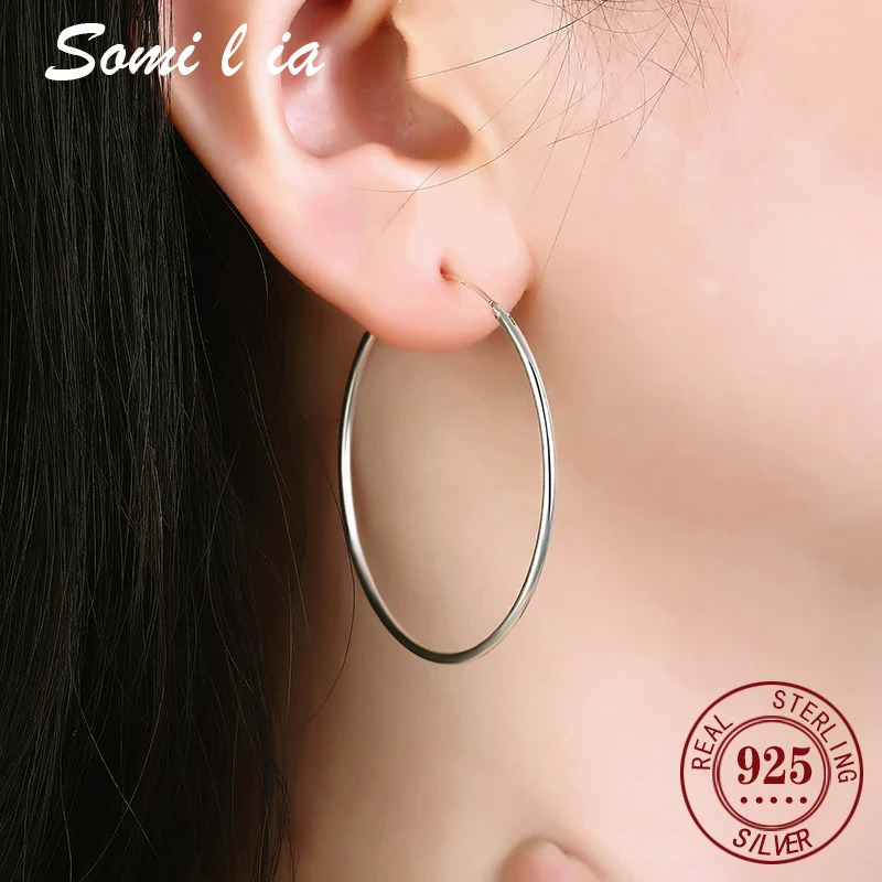 SOMILIA Platinum Big Hoop Earrings for Women 925 Sterling Silver Jewelry Female Fashion 1090mm For Gift 251013