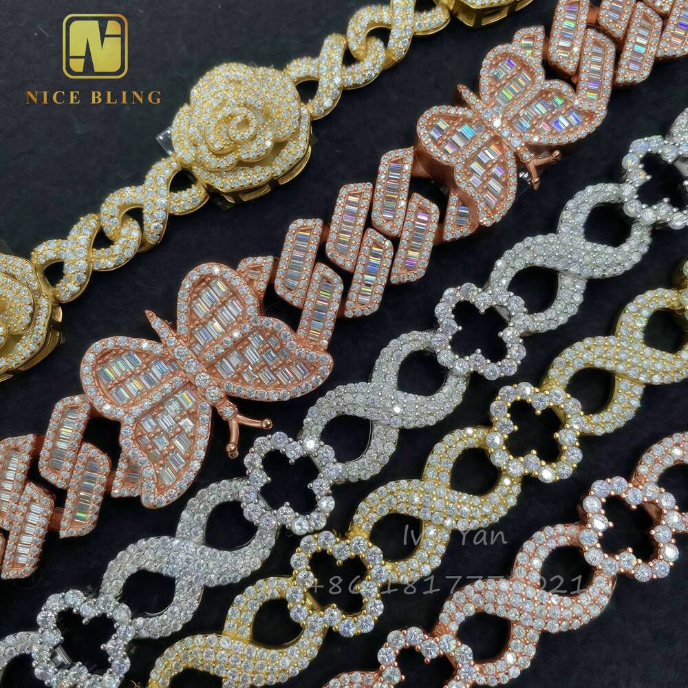 Fashion Hip Hop Jewelry Cuban Link Chain Rose Flower Butterfly Design Custom Made Iced Out 925 Silver VVS Moissanite Bracelet