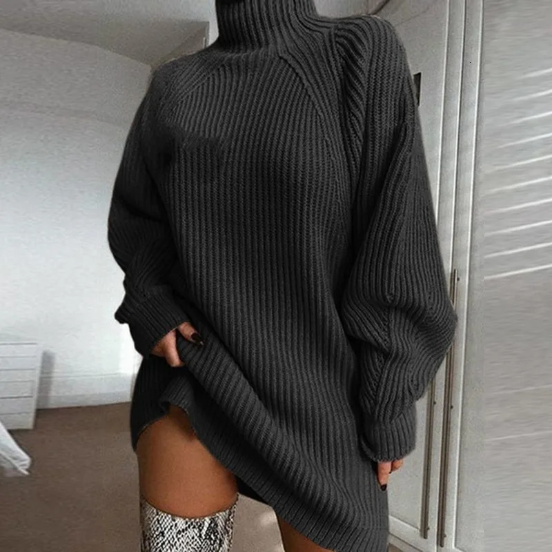 Women Turtleneck Oversized Knitted Dress Autumn Solid Long Sleeve Casual Elegant Mini Sweater Dress Winter Clothes 251029