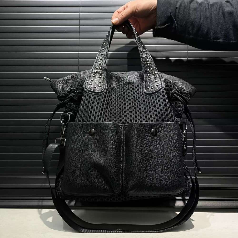 Stylish Women Large Capacity With Mesh Panel Rivet Accents Convertible To Crossbody Bag, Durable Nylon, Multi Front Pocket