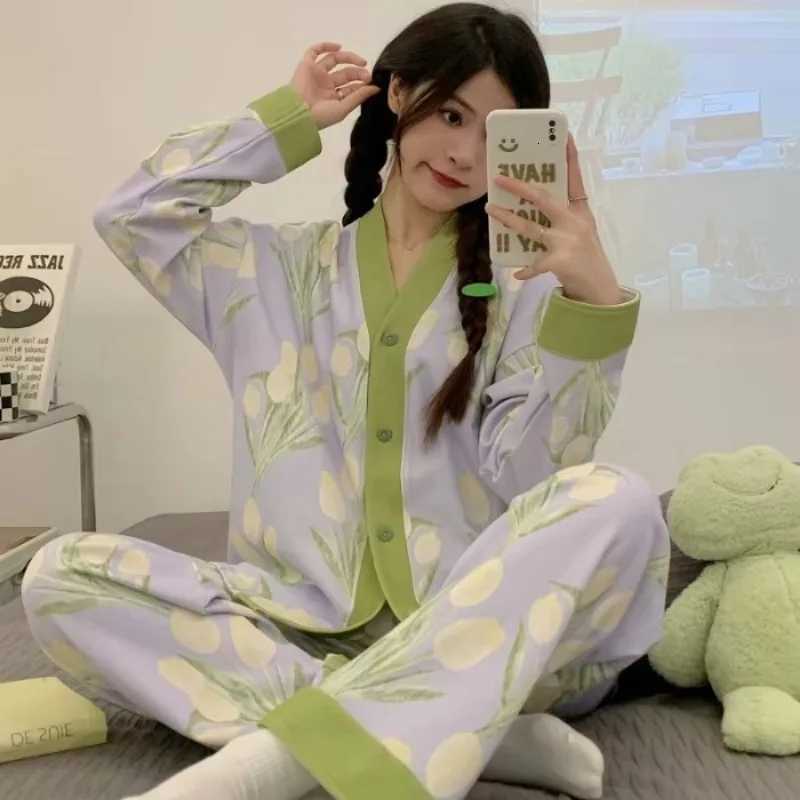 Autumn Winter Pajama Women Cute Sweet Knitted Cotton Long Sleeve Cardigan Plus Size Set Ladies Daily Comfort Pajamas Home WearT251029