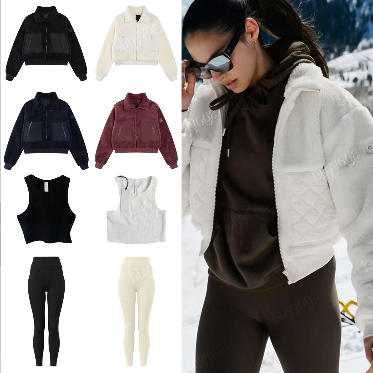 yoga New Women Clothes Set Stand Collar Zipper Top Underlay vest Pants Short Style Thickened for Warmth Fall Winter Sports Casual Wear aloliness Women Clothes