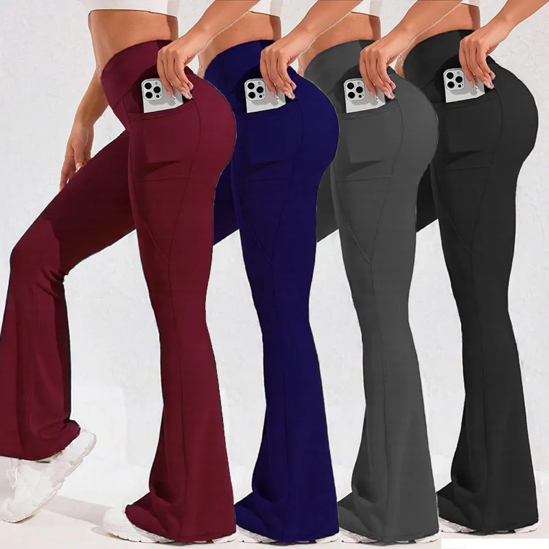 High Waist Flare Leg Yoga Pants Women with Pocket Push Up Butt Running Tights Wide Leg Pants Gym Outdoor Cycling Leggings 251029